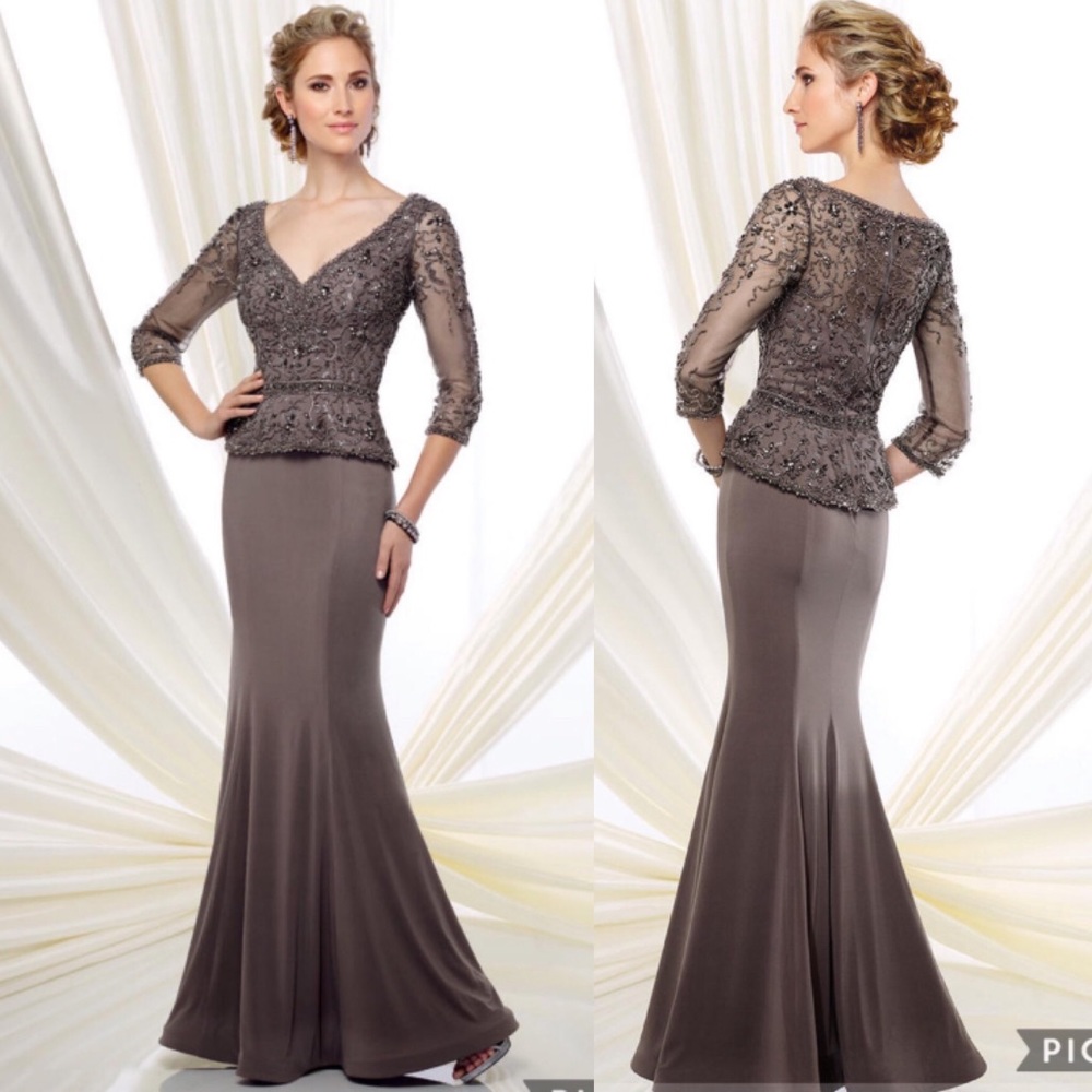 Evonne D by MonCheri 3/4 sleeves beaded long gown